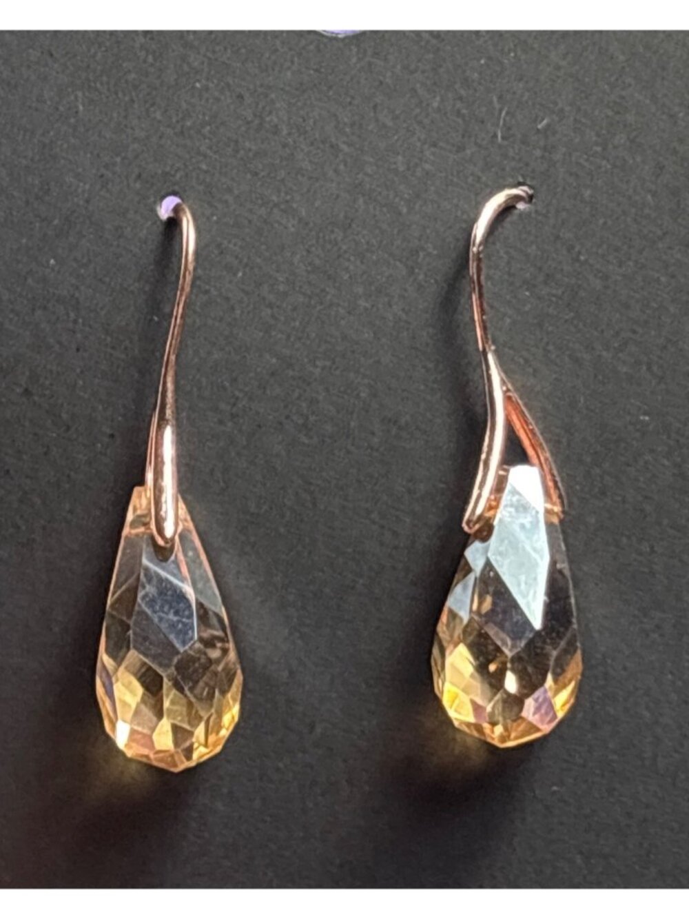 Champagne Faceted Glass Drop Dangle Earrings Rose Goldtone Hooks 1 inch